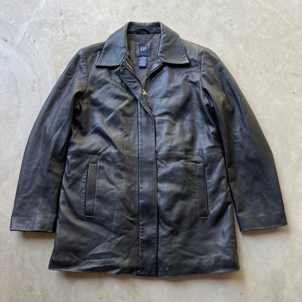 Gap Mens Genuine Leather Car Coat Jacket Black‎ Zip Up Wool Blend Lining Medium